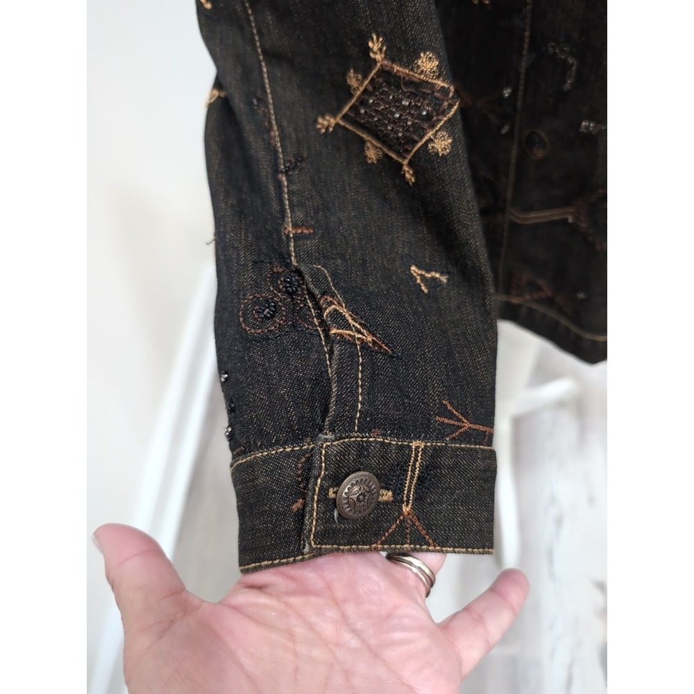 Chicos Jacket Womens 1 Black Embroidered Beaded Denim Southwestern Silk Lined - Picture 4 of 10